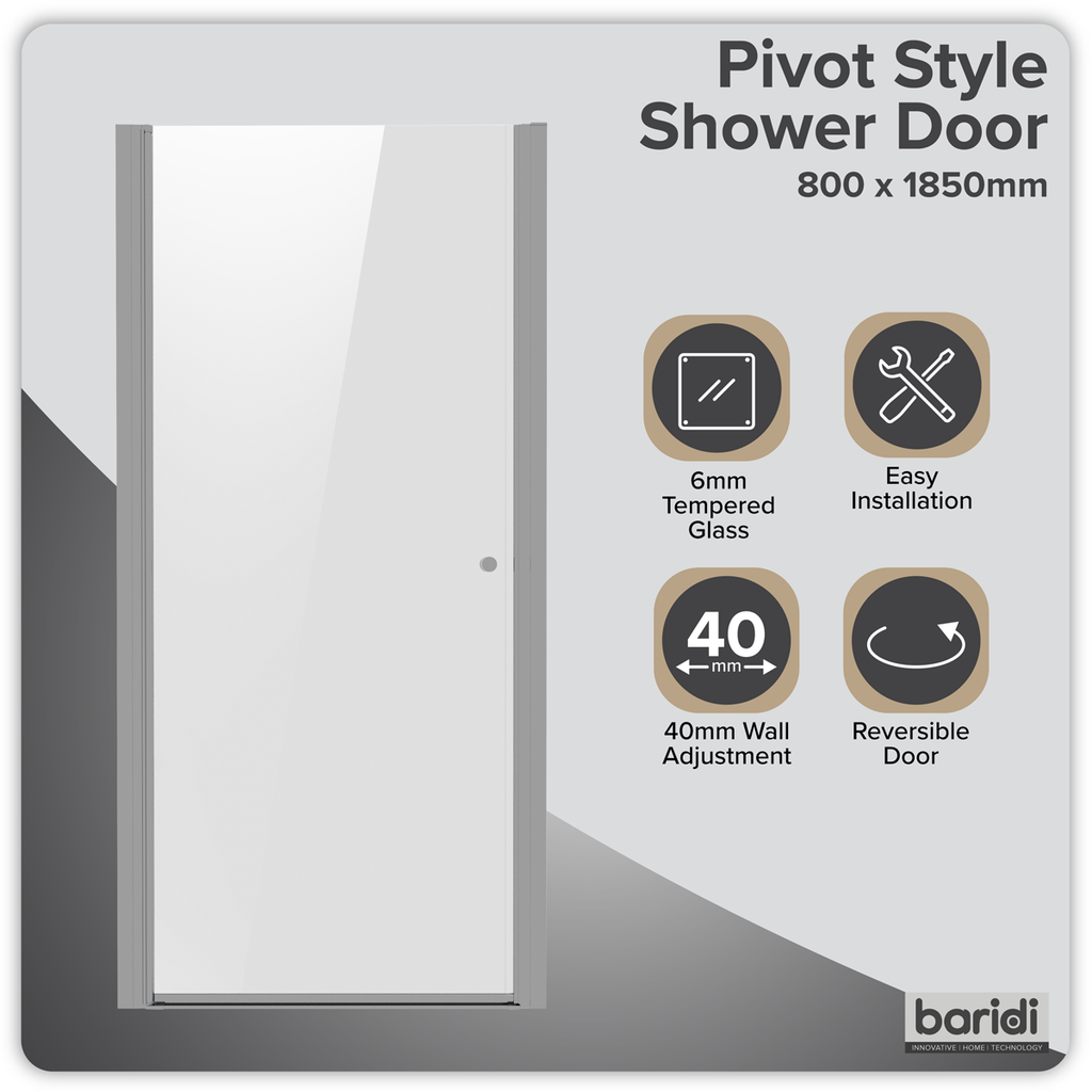 Pivot Shower Door 800 x 1850mm, 6mm Tempered Glass, Reversible - Chrome DH303