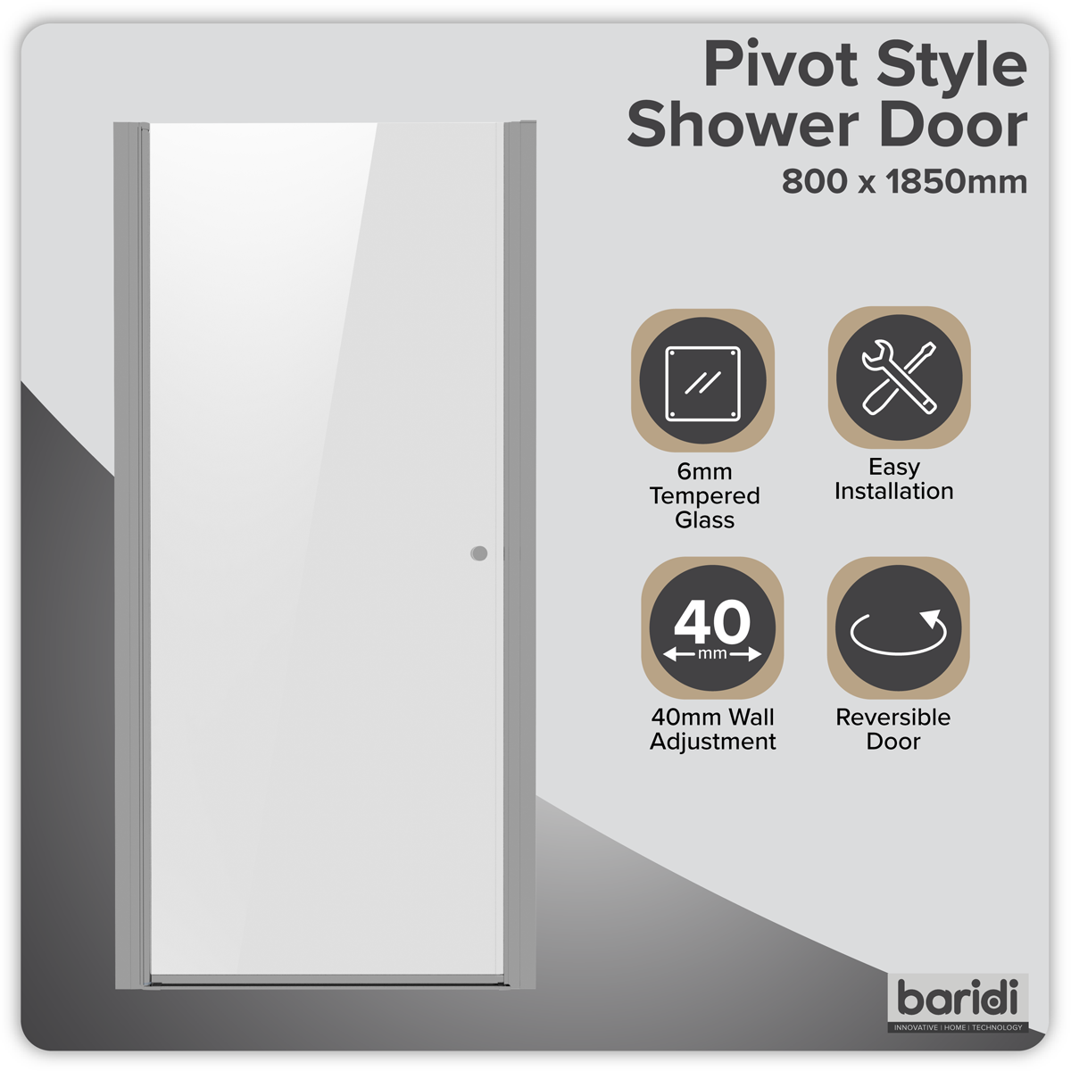 Pivot Shower Door 800 x 1850mm, 6mm Tempered Glass, Reversible - Chrome DH303