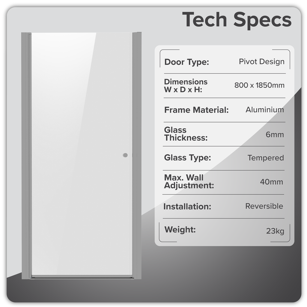 Pivot Shower Door 800 x 1850mm, 6mm Tempered Glass, Reversible - Chrome DH303