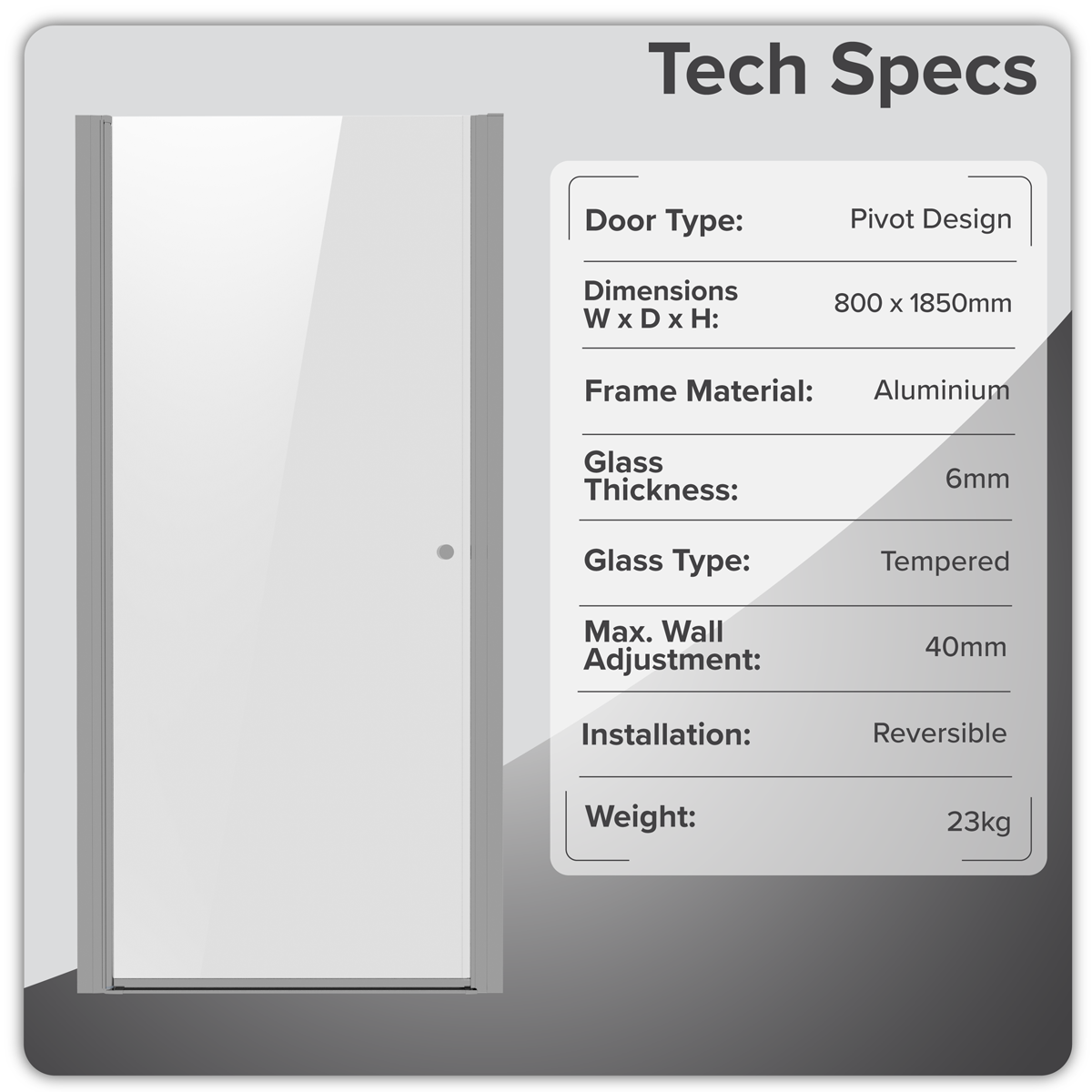 Pivot Shower Door 800 x 1850mm, 6mm Tempered Glass, Reversible - Chrome DH303