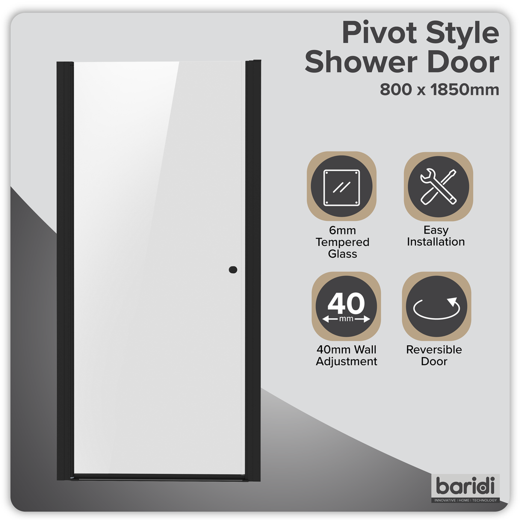 Pivot Shower Door 800 x 1850mm, 6mm Tempered Glass, Reversible - Black DH304