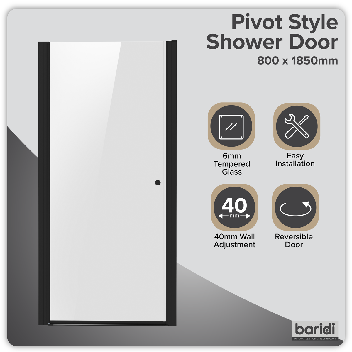 Pivot Shower Door 800 x 1850mm, 6mm Tempered Glass, Reversible - Black DH304