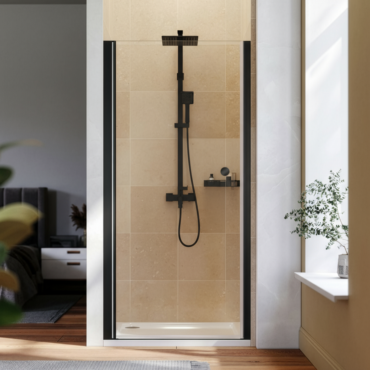 Pivot Shower Door 800 x 1850mm, 6mm Tempered Glass, Reversible - Black DH304