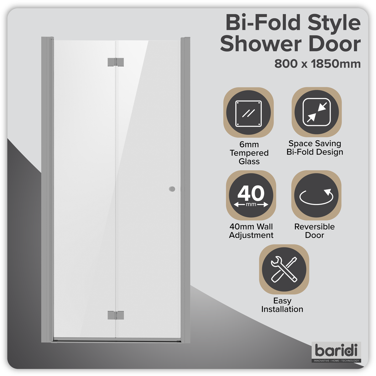 Bi-Fold Shower Door 800 x 1850mm, 6mm Tempered Glass, Reversible - Chrome DH305