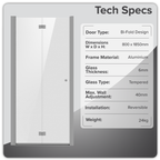 Bi-Fold Shower Door 800 x 1850mm, 6mm Tempered Glass, Reversible - Chrome DH305