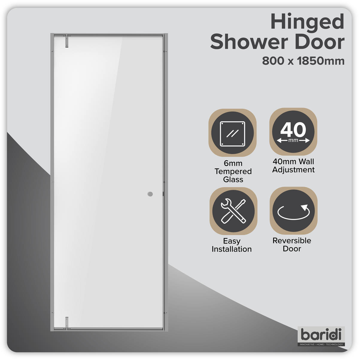 Hinged Shower Door 800 x 1850mm, 6mm Tempered Glass, Reversible - Chrome DH306