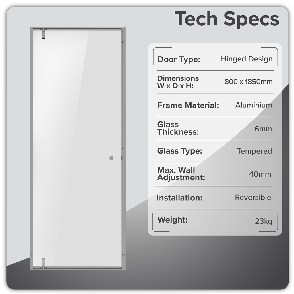 Hinged Shower Door 800 x 1850mm, 6mm Tempered Glass, Reversible - Chrome DH306
