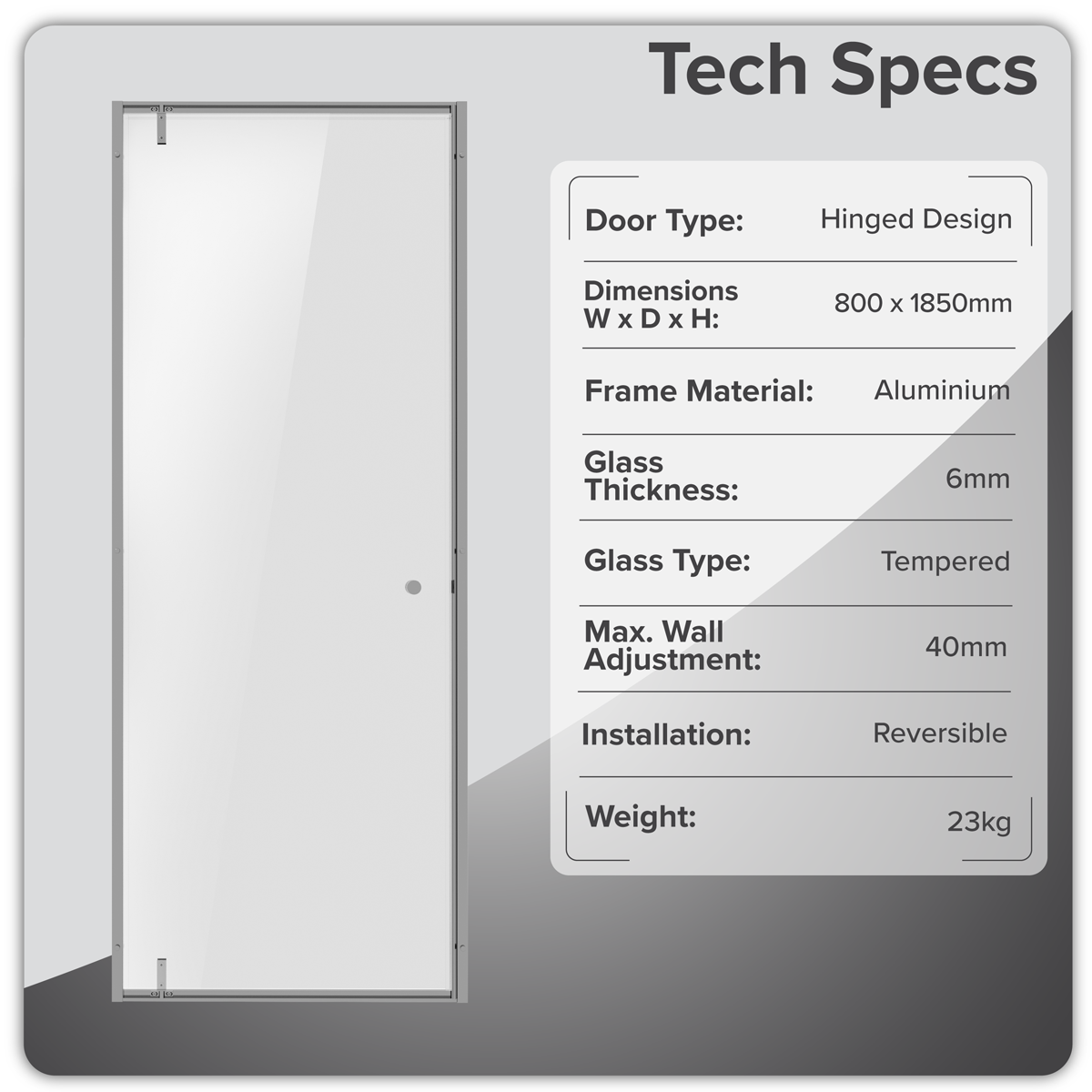 Hinged Shower Door 800 x 1850mm, 6mm Tempered Glass, Reversible - Chrome DH306