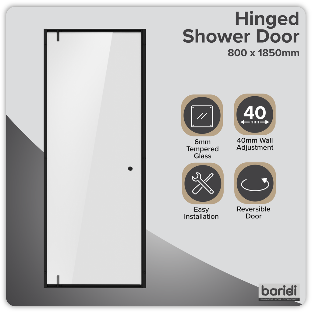 Hinged Shower Door 800 x 1850mm, 6mm Tempered Glass, Reversible - Black DH307