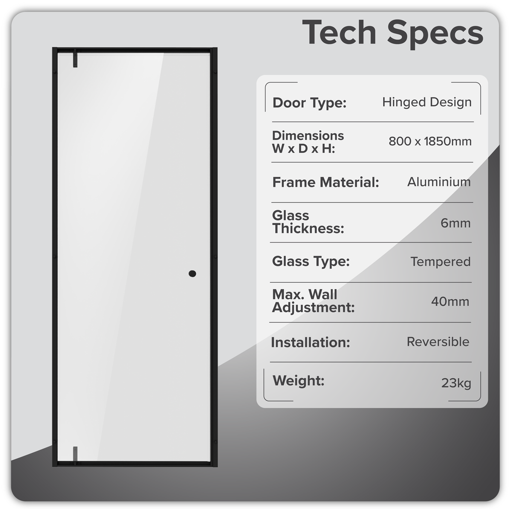 Hinged Shower Door 800 x 1850mm, 6mm Tempered Glass, Reversible - Black DH307