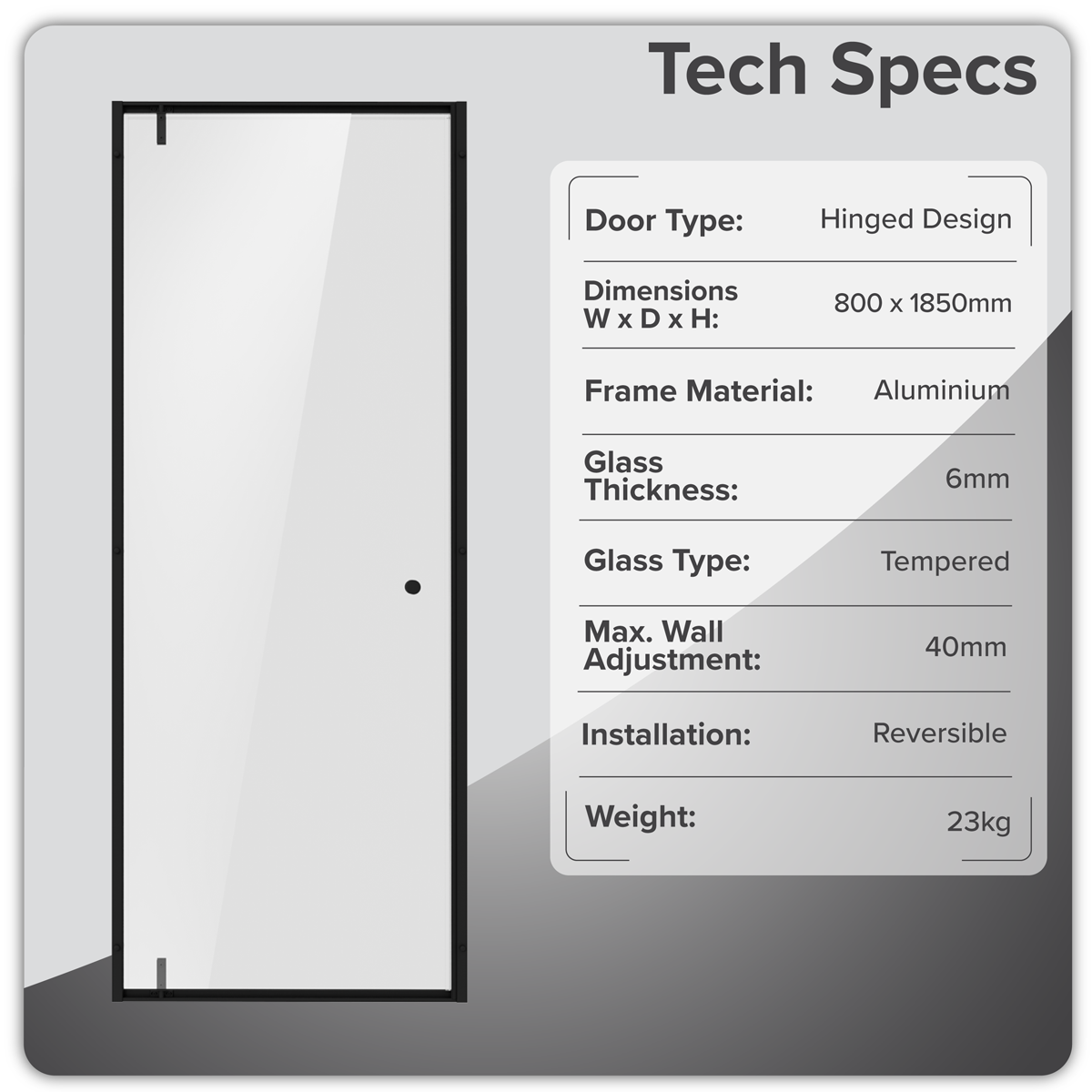 Hinged Shower Door 800 x 1850mm, 6mm Tempered Glass, Reversible - Black DH307