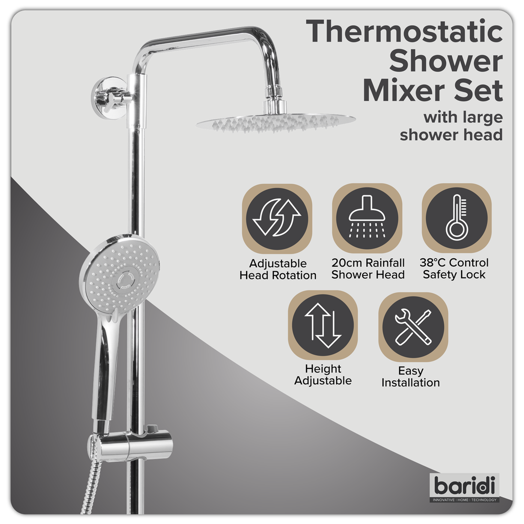 Thermostatic Shower Mixer Set 20cm Round Head with Adjustable Rail - Chrome DH314