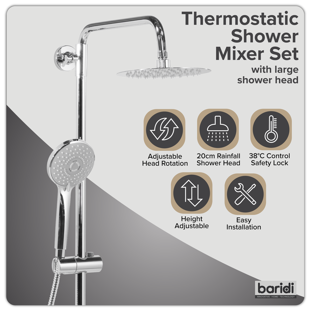 Thermostatic Shower Mixer Set 20cm Round Head with Adjustable Rail - Chrome DH314