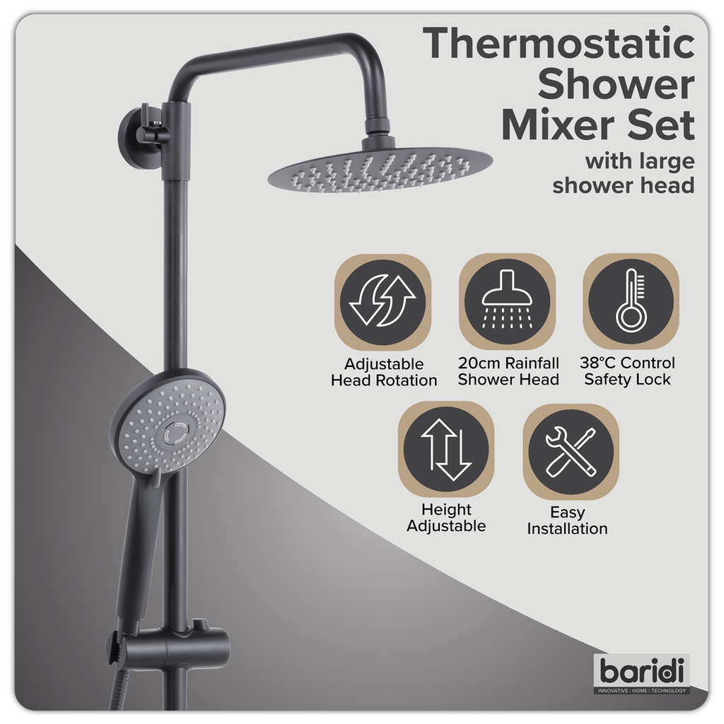 Thermostatic Shower Mixer Set 20cm Round Head with Adjustable Rail - Black DH315