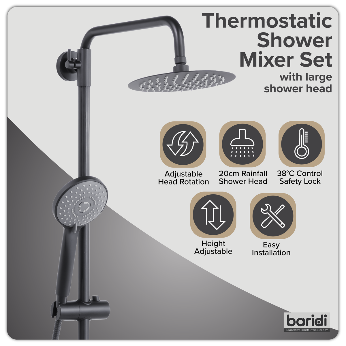 Thermostatic Shower Mixer Set 20cm Round Head with Adjustable Rail - Black DH315