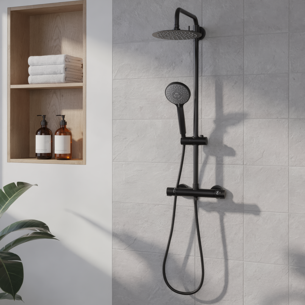 Thermostatic Shower Mixer Set 20cm Round Head with Adjustable Rail - Black DH315