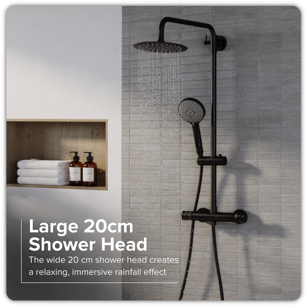 Thermostatic Shower Mixer Set 20cm Round Head with Adjustable Rail - Black DH315