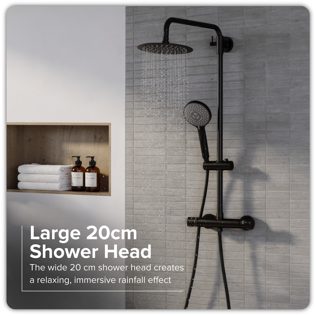 Thermostatic Shower Mixer Set 20cm Round Head with Adjustable Rail - Black DH315