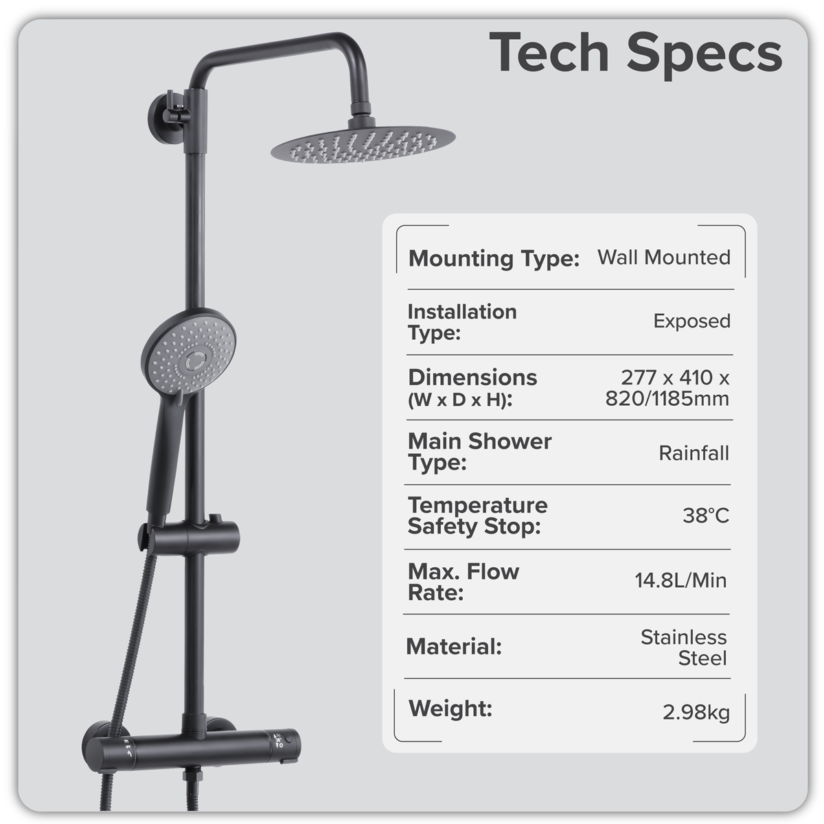 Thermostatic Shower Mixer Set 20cm Round Head with Adjustable Rail - Black DH315