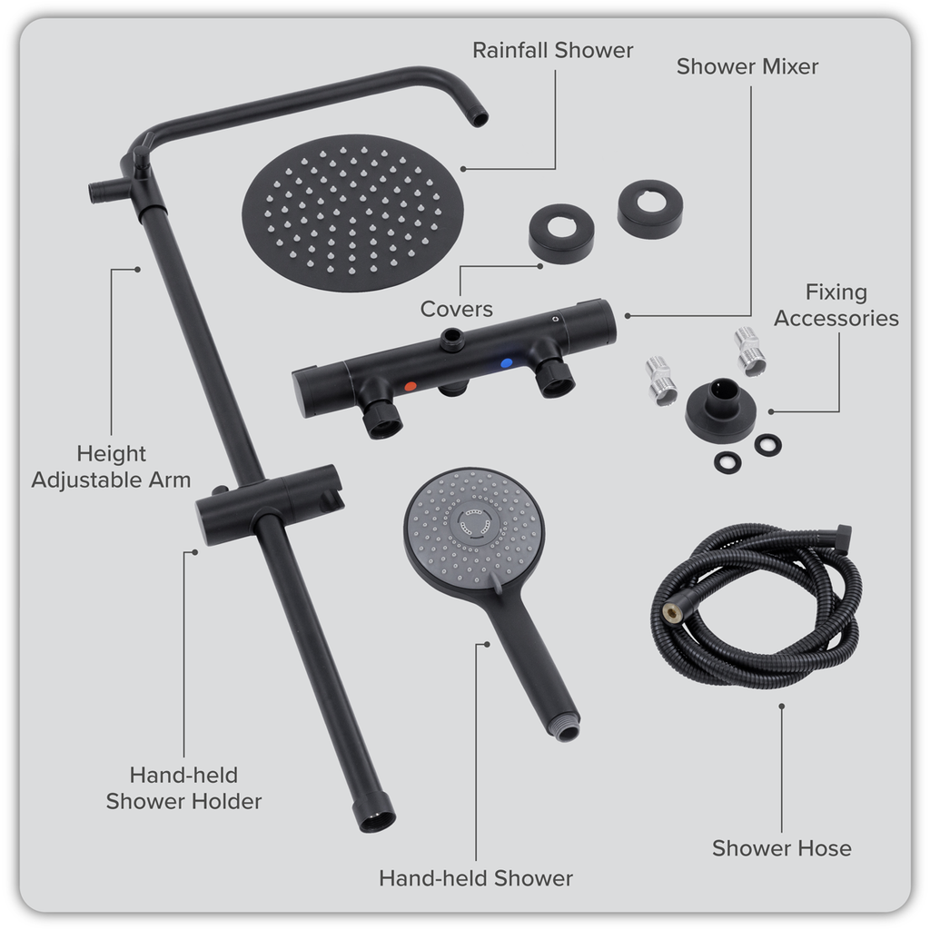 Thermostatic Shower Mixer Set 20cm Round Head with Adjustable Rail - Black DH315