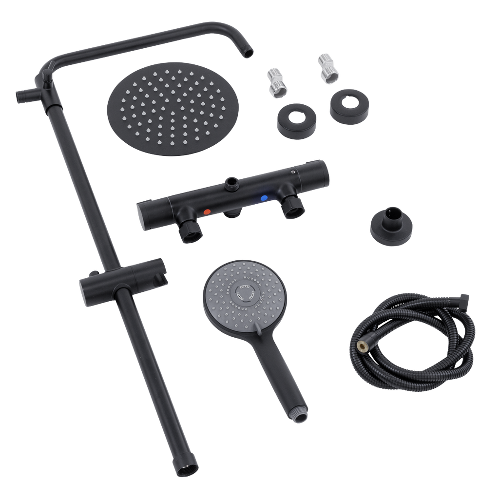 Thermostatic Shower Mixer Set 20cm Round Head with Adjustable Rail - Black DH315