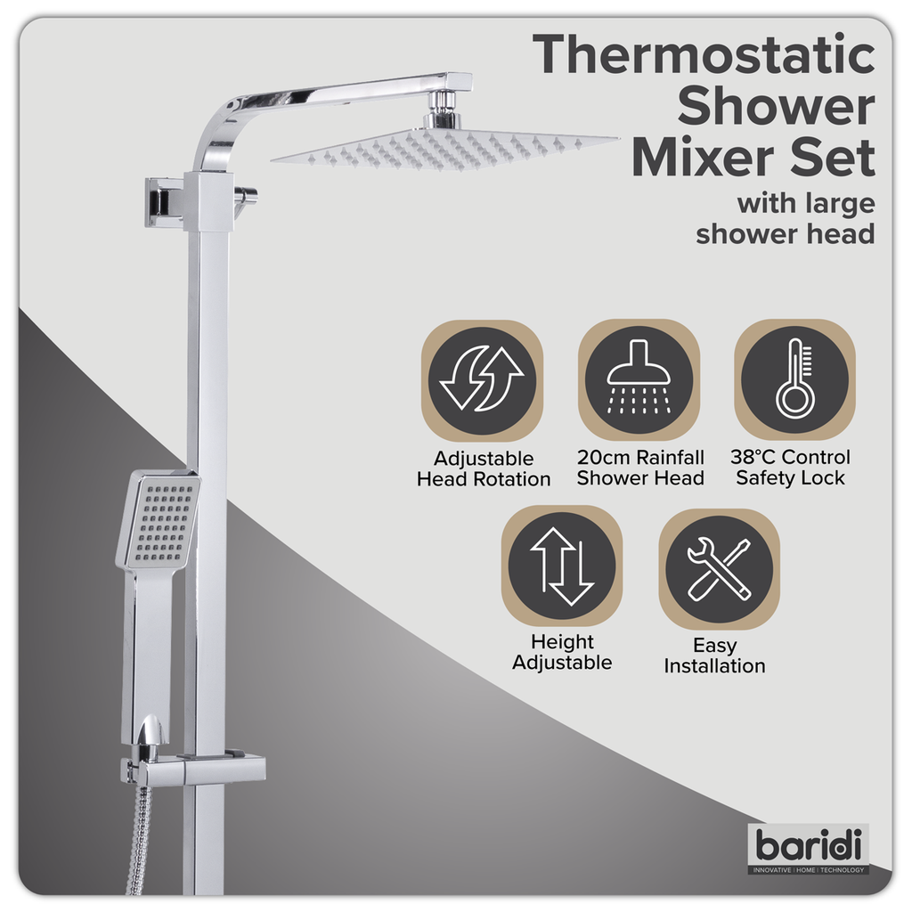 Thermostatic Shower Mixer Set 20 x 20cm Square Head with Adjustable Rail - Black DH317