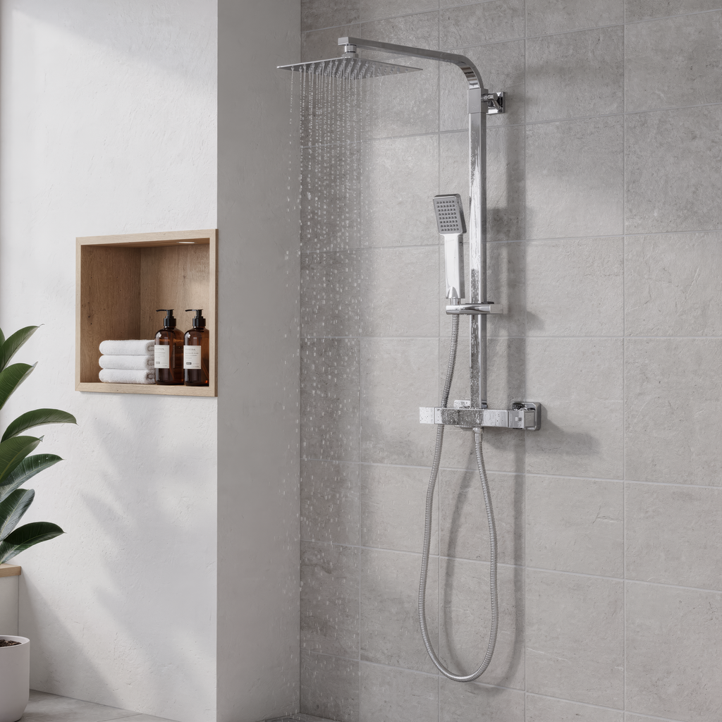 Thermostatic Shower Mixer Set 20 x 20cm Square Head with Adjustable Rail - Chrome DH316