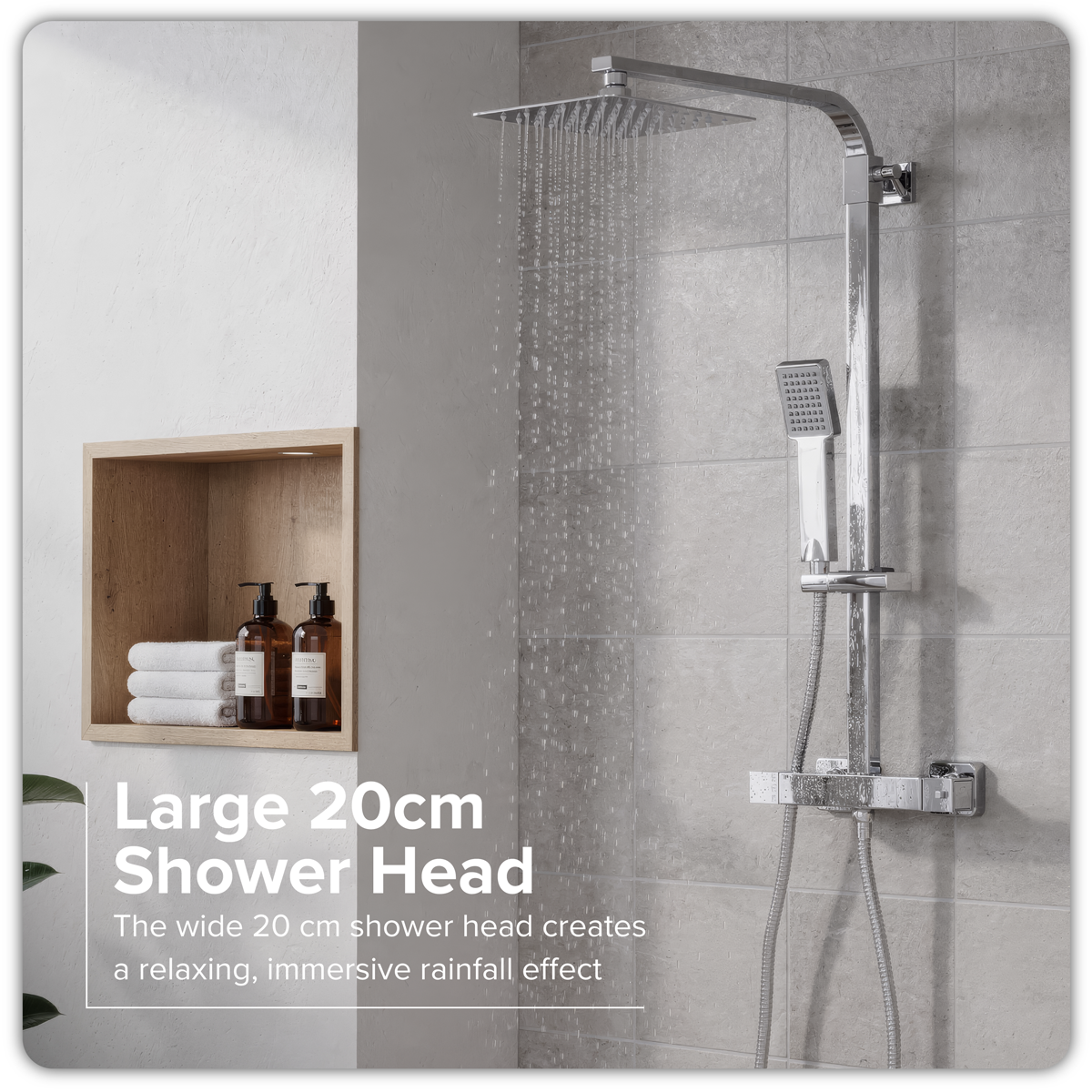 Thermostatic Shower Mixer Set 20 x 20cm Square Head with Adjustable Rail - Chrome DH316