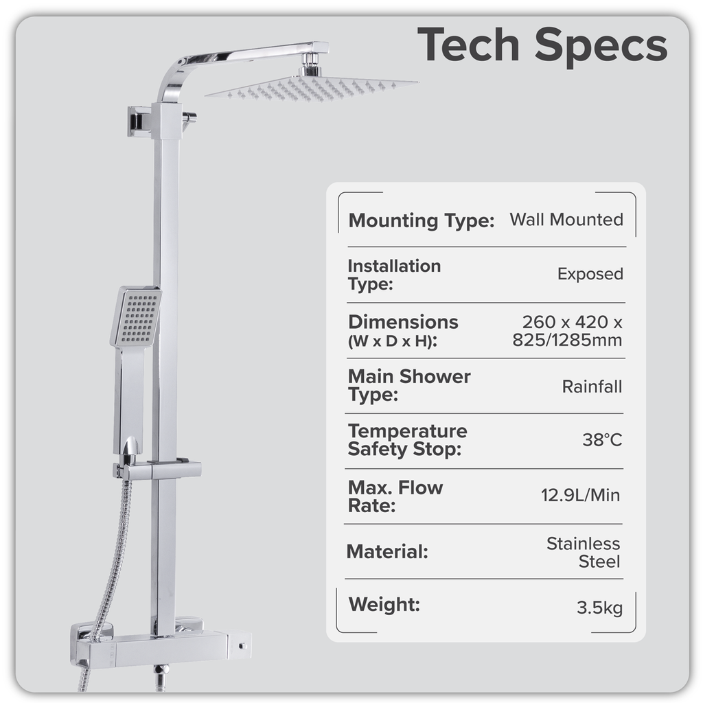 Thermostatic Shower Mixer Set 20 x 20cm Square Head with Adjustable Rail - Chrome DH316