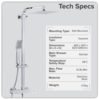 Thermostatic Shower Mixer Set 20 x 20cm Square Head with Adjustable Rail - Black DH317