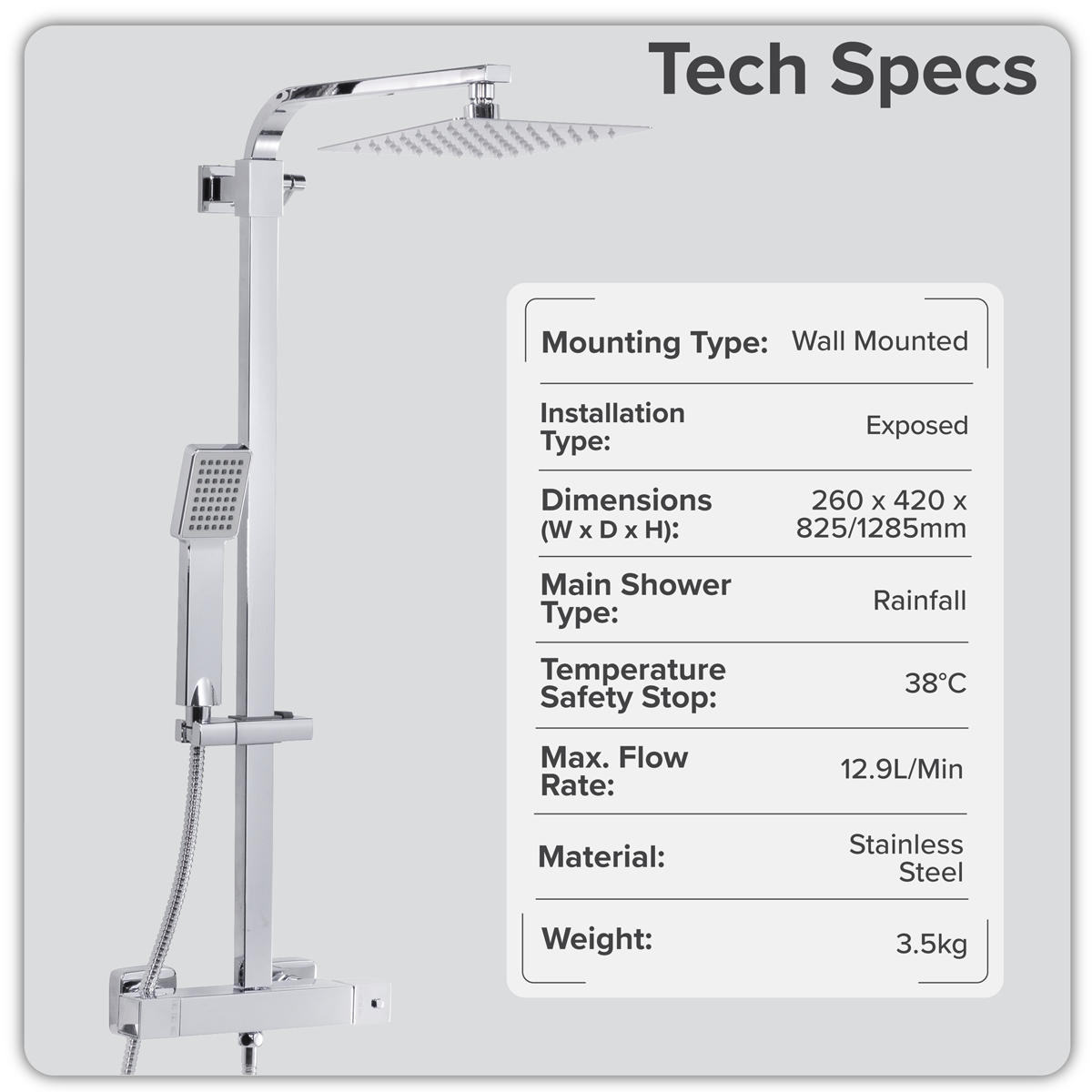 Thermostatic Shower Mixer Set 20 x 20cm Square Head with Adjustable Rail - Black DH317