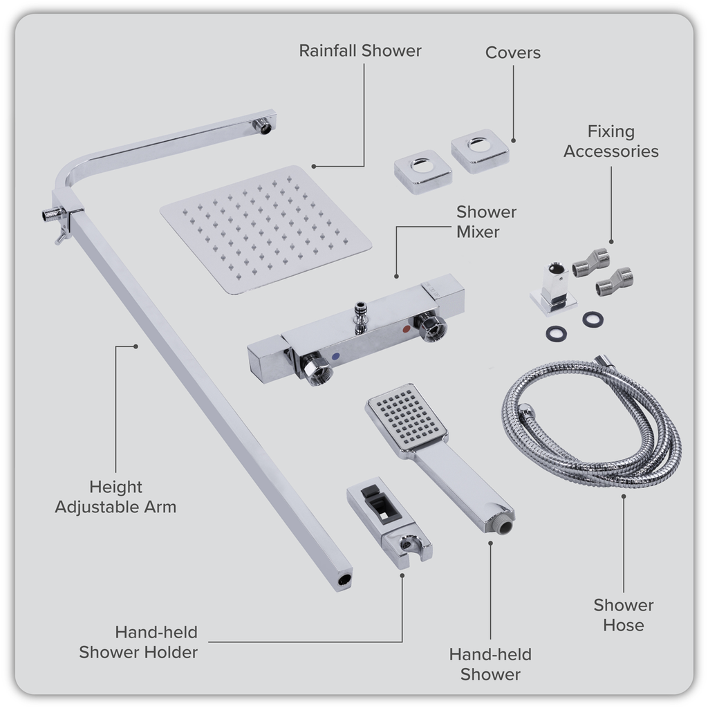 Thermostatic Shower Mixer Set 20 x 20cm Square Head with Adjustable Rail - Chrome DH316
