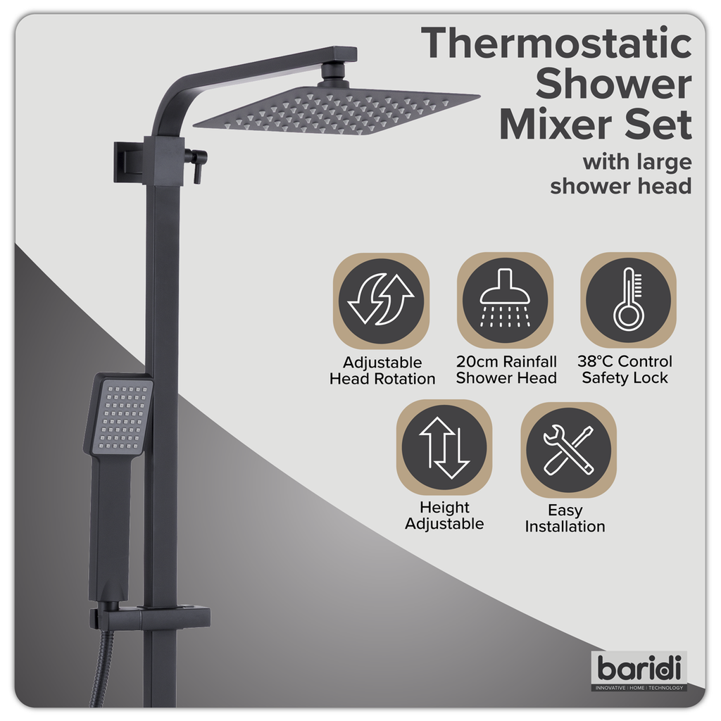 Thermostatic Shower Mixer Set 20 x 20cm Square Head with Adjustable Rail - Black DH317