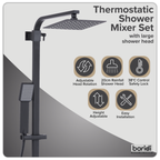 Thermostatic Shower Mixer Set 20 x 20cm Square Head with Adjustable Rail - Black DH317