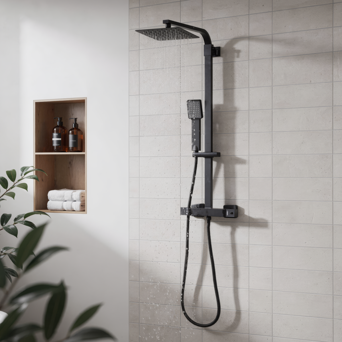 Thermostatic Shower Mixer Set 20 x 20cm Square Head with Adjustable Rail - Black DH317