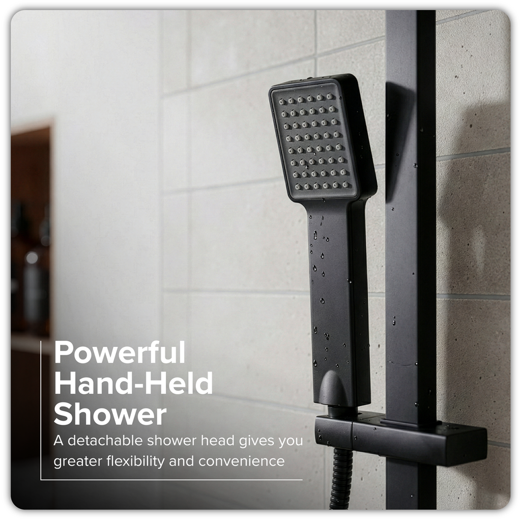 Thermostatic Shower Mixer Set 20 x 20cm Square Head with Adjustable Rail - Black DH317