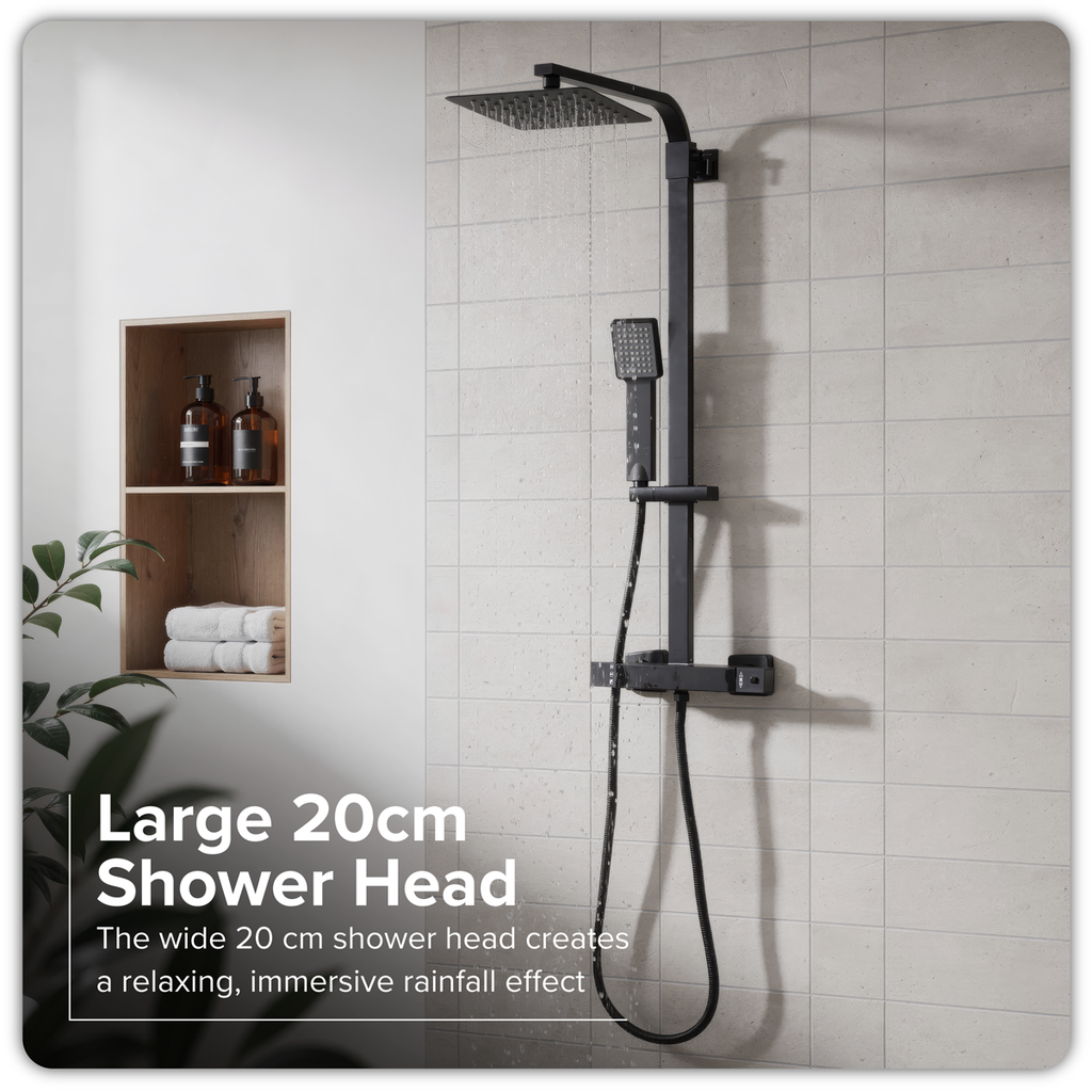 Thermostatic Shower Mixer Set 20 x 20cm Square Head with Adjustable Rail - Black DH317