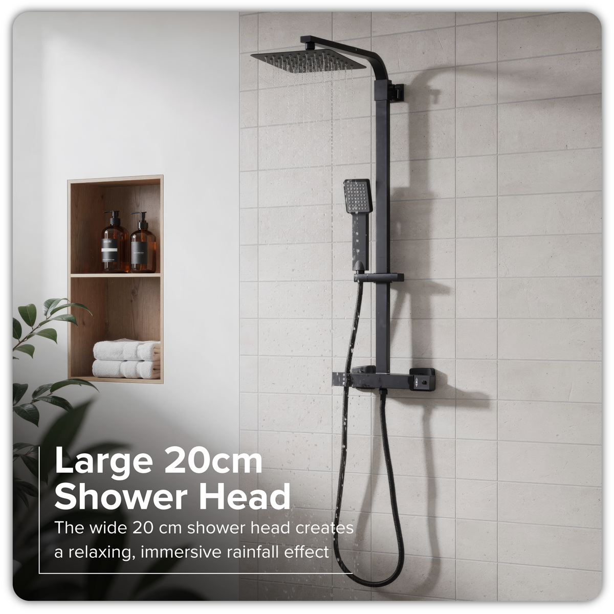 Thermostatic Shower Mixer Set 20 x 20cm Square Head with Adjustable Rail - Black DH317