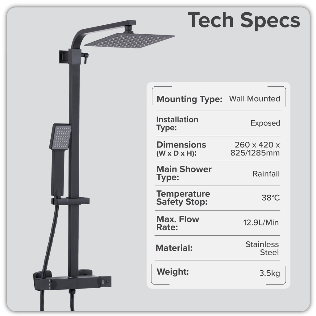 Thermostatic Shower Mixer Set 20 x 20cm Square Head with Adjustable Rail - Black DH317