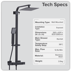 Thermostatic Shower Mixer Set 20 x 20cm Square Head with Adjustable Rail - Black DH317
