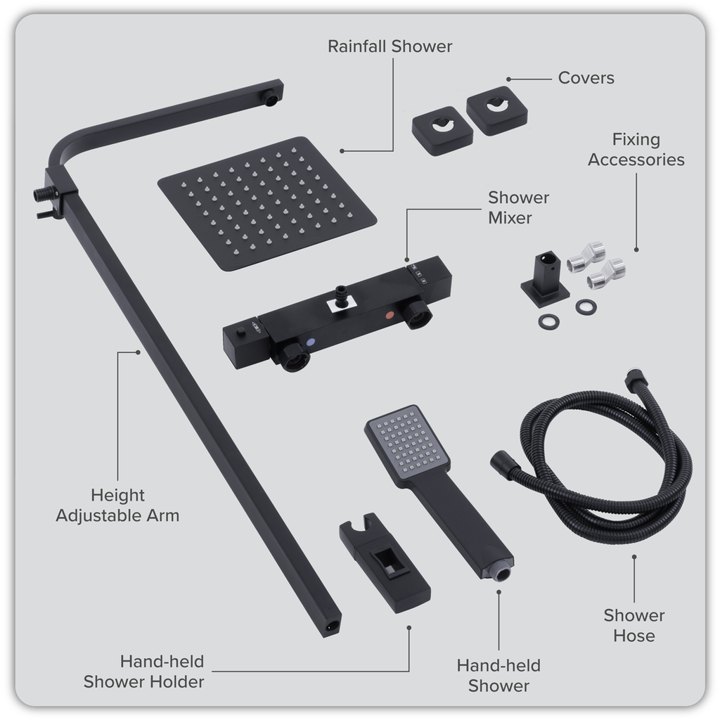 Thermostatic Shower Mixer Set 20 x 20cm Square Head with Adjustable Rail - Black DH317