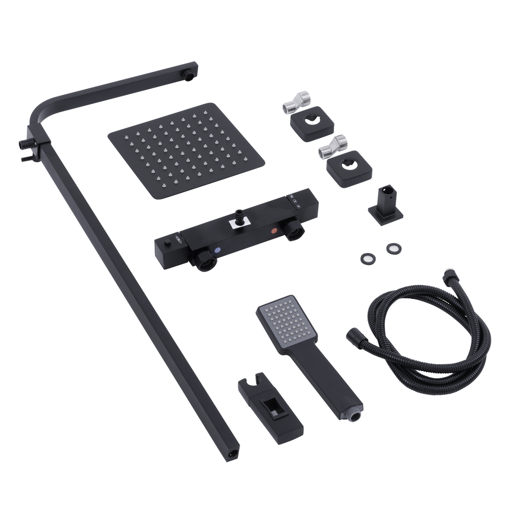 Thermostatic Shower Mixer Set 20 x 20cm Square Head with Adjustable Rail - Black DH317