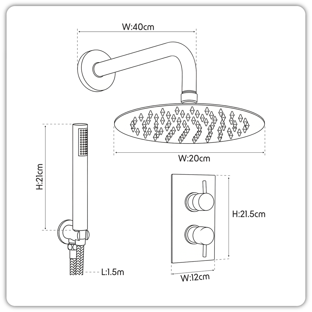 Concealed Thermostatic Shower Set 20cm Round Head & Hand Shower - Chrome DH318
