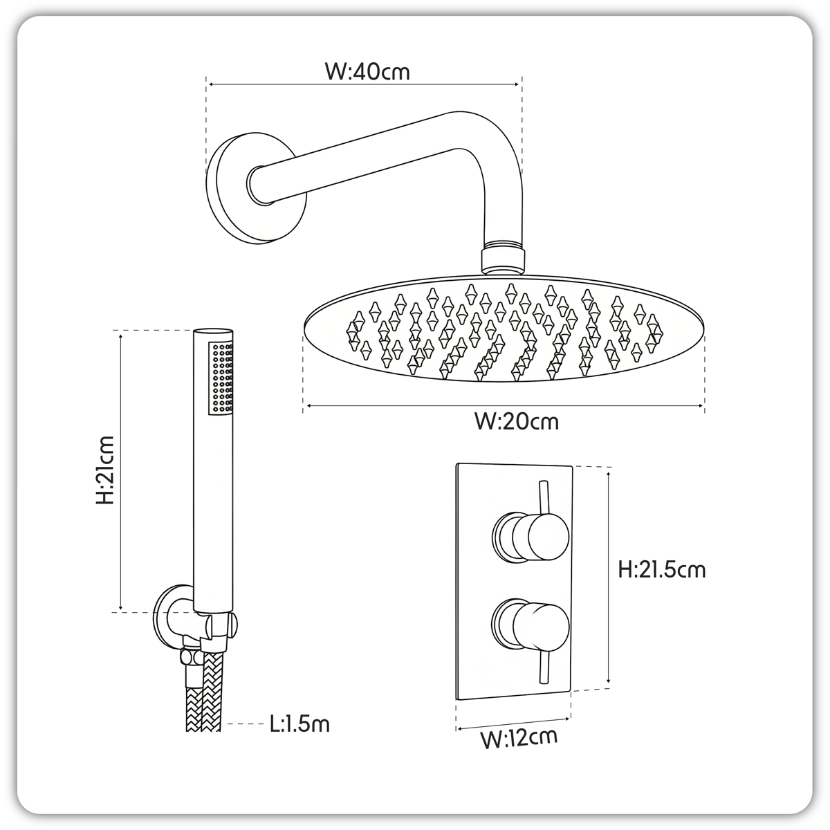 Concealed Thermostatic Shower Set 20cm Round Head & Hand Shower - Chrome DH318