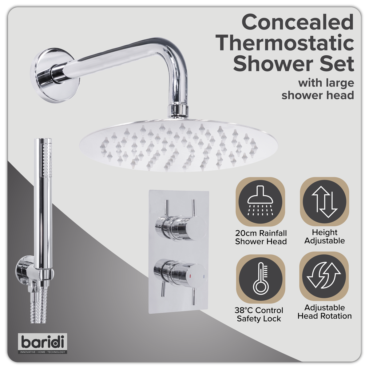 Concealed Thermostatic Shower Set 20cm Round Head & Hand Shower - Chrome DH318