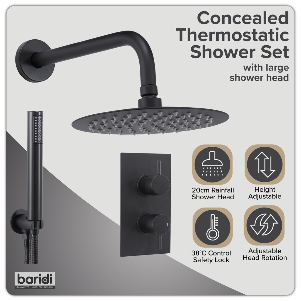 Concealed Thermostatic Shower Set 20cm Round Head & Hand Shower - Black DH319