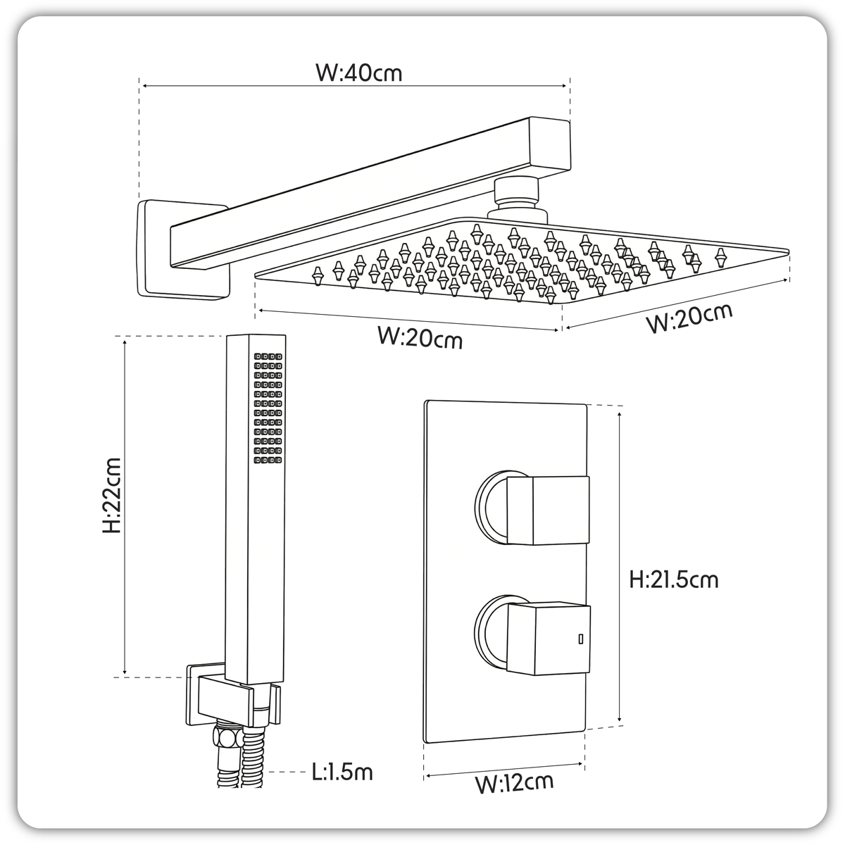 Concealed Thermostatic Shower Set 20 x 20cm Square Head & Hand Shower - Chrome DH320