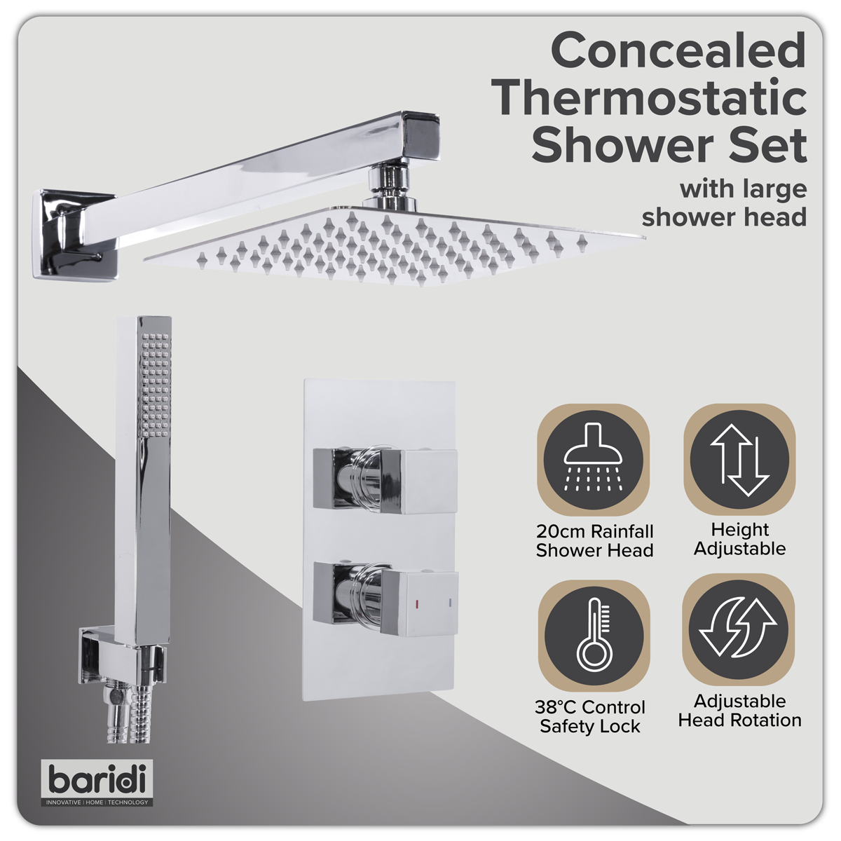 Concealed Thermostatic Shower Set 20 x 20cm Square Head & Hand Shower - Chrome DH320