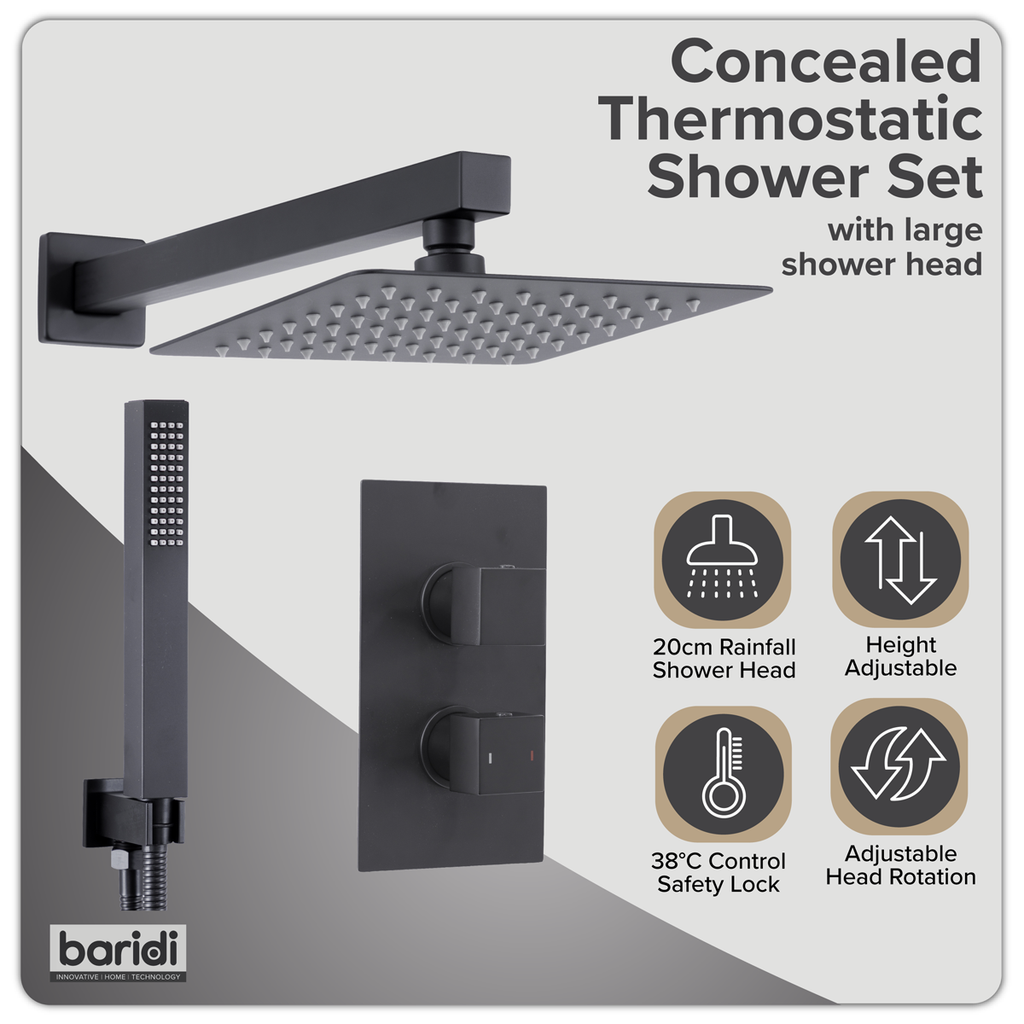 Concealed Thermostatic Shower Set 20 x 20cm Square Head & Hand Shower - Black DH321