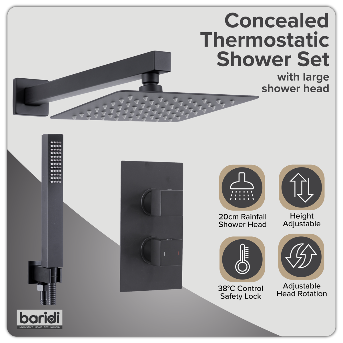 Concealed Thermostatic Shower Set 20 x 20cm Square Head & Hand Shower - Black DH321